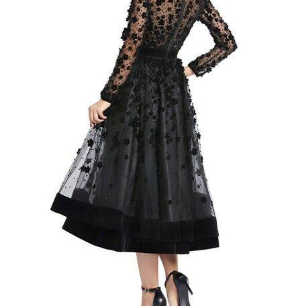 Mac Duggal Long-Sleeve Tea-Length Floral Applique Cocktail Dress Sz 4 - Picture 2 of 6